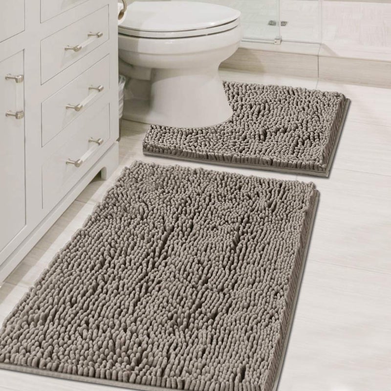 H.VERSAILTEX Original Shaggy Chenille 2 Piece Bath Rug Set, 20x20 Square U-Shape Contoured Toilet Mat & 32x20 Carpet Rug, Machine Wash/Dry Mats, Soft, Plush Rugs for Tub Shower (Dark Grey) - Image 1